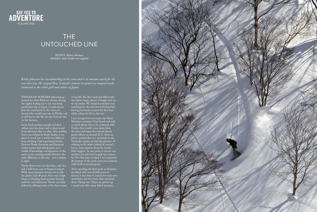 Page one of the article by Richie Johnston with one of my shots from the Niseko backcountry